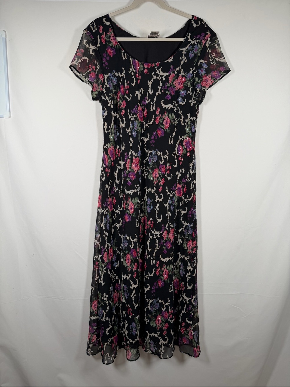 Vintage 90s Y2K Black Floral Sequin Overlay Maxi Dress with Scoop Neck